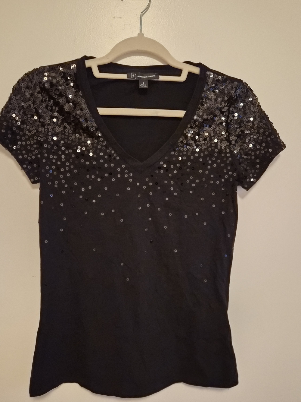 INC International Concepts Black Sequin V-Neck Tee